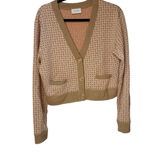 St. John Women's Wool V-Neck Cardigan Sweater Brown and Tan Size L